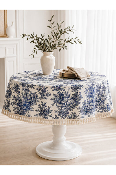 linea natura home Lacivert Yuvarlak Duck Kumaş Fransız Köylü Desenli Püsküllü...