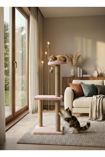 PETiTOYS 82 Cm Pembe Iki Katlı Kedi Tırmalama Tahtası Catnipli Tırmalama Tahtası