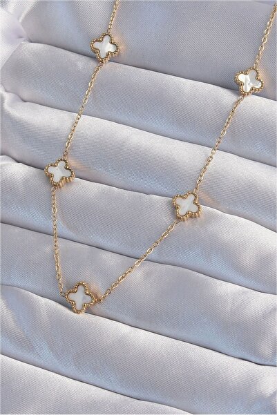 Generic Brand 316L Steel Gold Color Minimal White Pearlescent Clover Necklace