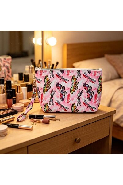 idei Geantă Cosmetică Tip Pungă PU Roz Pastel cu Imprimeu Fluturi și Libelule...