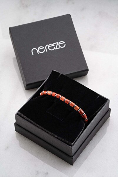 Nereze Red Jasper and Hematite Natural Stone Men's Steel Bracelet