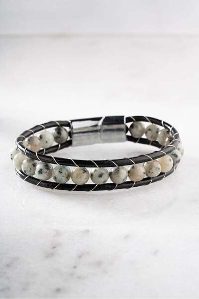 Nereze Chrome Plated 8 mm Ceyd Natural Stone Men's Leather Bracelet
