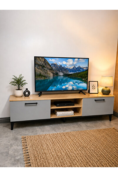 MBK AHŞAP Modern TV Ünitesi 180 cm Başak Meşe - Adaçayı Yeşili Kapaklı Televi...