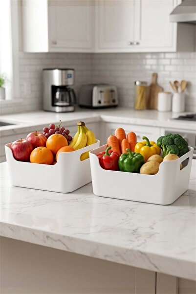 Bayev 2 Pieces İkae White Large Size Fruit and Vegetable Container - Bread Bo...