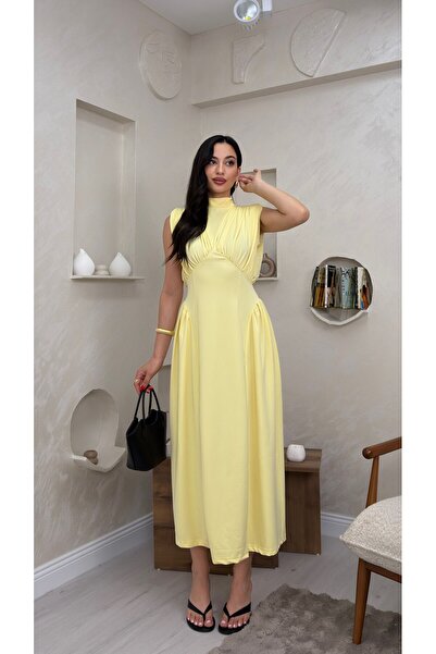 miraylawear NİCOLETTE FİYONK YAKA DETAYLI SARI RENKLİ KADIN MİDİ ELBİSE