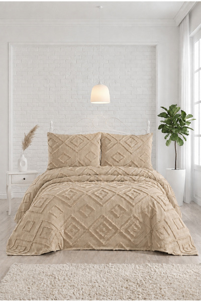Bonny Home Beige 3 Piece Double Bohemian Pique Set Seasonal 240X250 Bedspread...
