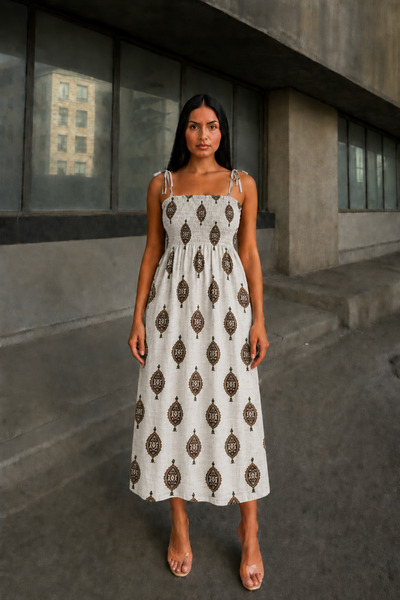 Bienvenido Patterned Strappy Gipeli Cotton Midi Dress