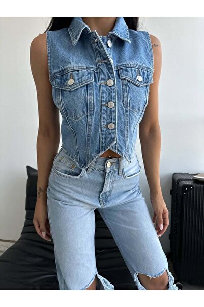 HerTon Cămașă de damă, vestă scurtă din denim, croială slim
