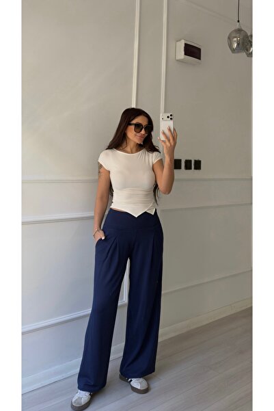 Daves Pile Detailed High-Waisted Navy Blue Tracksuit