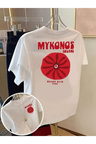 LELVANİ TRICOU ALB UNISEX CU GULER ROTUND ȘI IMPRIMAT MY KONOS ISLAND BEACH CLUB