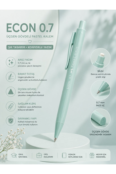 Faber Castell Faber-Castell Econ 0.7 Pastel Uçlu Kalem Silgili | Üçgen Gövde,...