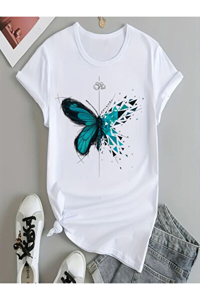 COZYWEAR Geometric Butterfly Printed White Oversize T-Shirt