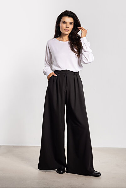 Awama Pantaloni dama, awama, picior larg, talie inalta, negru, poliester/elas...