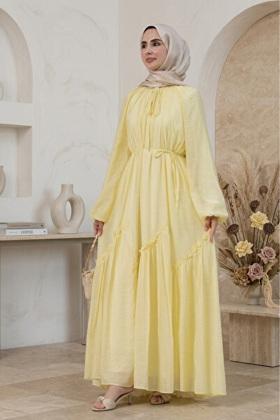 Sevitli Mira Hijab Dress with Gathered Skirt Detail - Yellow