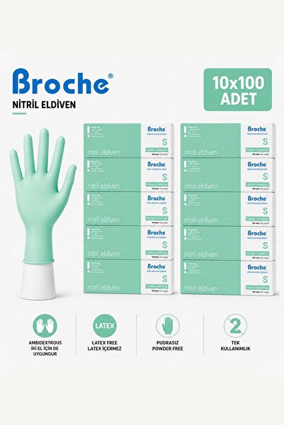 Broche Dust-Free Nitrile Gloves Size S Turquoise Green/Teal Green Pack of 10