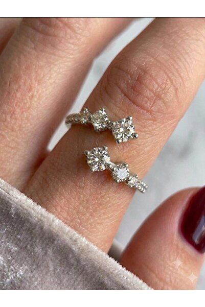 EKİDORA Twin Stone Adjustable Women's Ring with Zircon Stone Row Model Gold S...