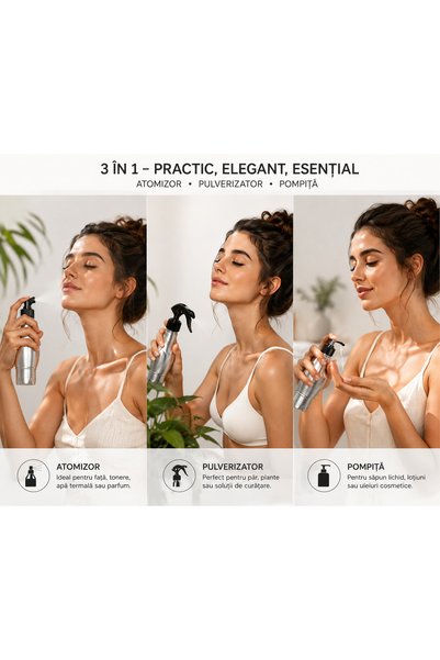 SUPERMEMO Set Premium 3 în 1 – Flacoane PET 370 ml cu Atomizor, Pulverizator și Pompiță