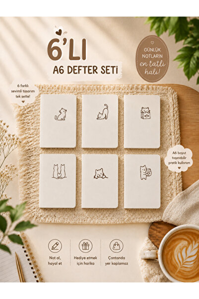 zumio A6 Çizgisiz Defter Seti 6 Adet | Minimal Kedi Temalı Cep Boy Defter