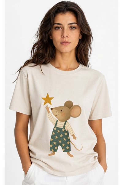 OPPPSSS Starry Cute Mouse Printed Ecru Unisex T-Shirt