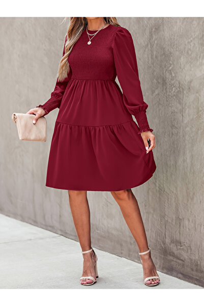 Take Two By Styli Burgundy Smocked Ruffle Knee-Length Dress