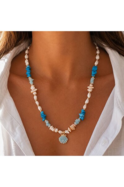 BIJUTERI Kly-1044 Blue |   Natural Stone Shell Summer Necklace |   Eos Collective