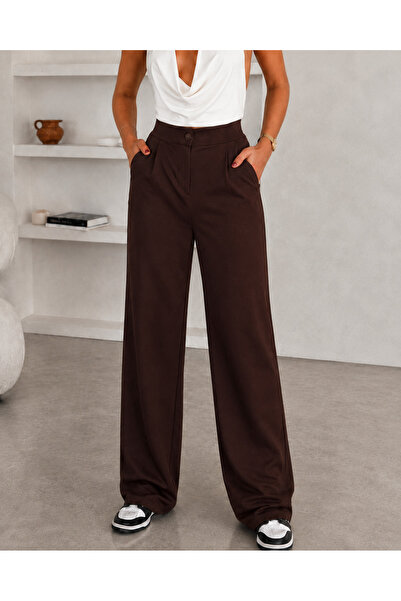Fioria Women's Brown High Waist Button Closure Lycra Pleated Palazzo Knitted ...