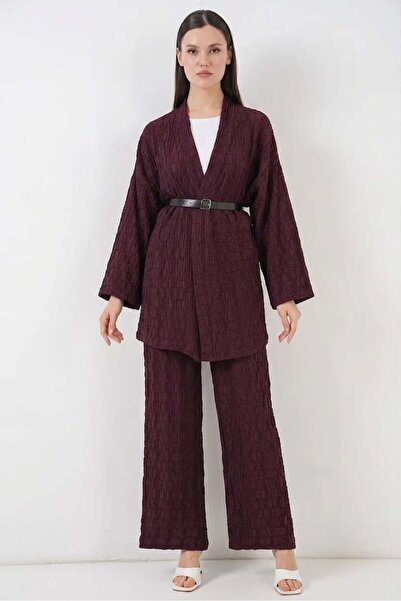 ALFA AKSESUAR 03 Women's V-Neck Belted Burgundy Two-Piece Set