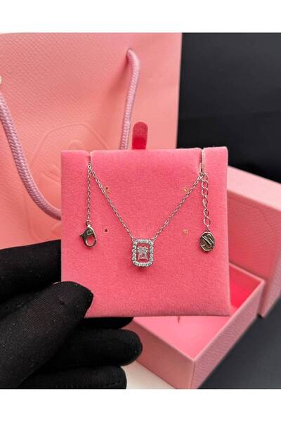 Generic Sparkling Square Silver Pendant Necklace with Brilliant Crystal Stones