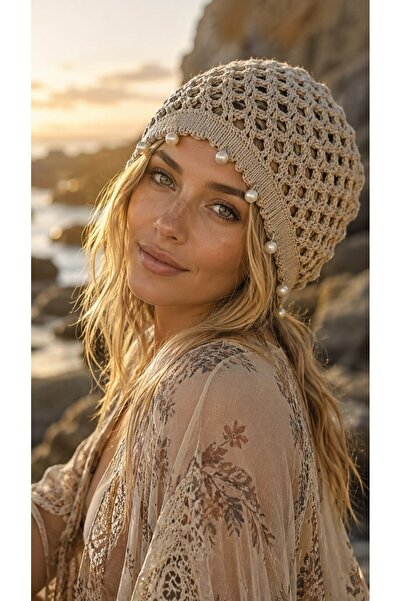 MARBERRY Mink Hand Knitted Pearl Bead Detailed Mesh Hat Beanie