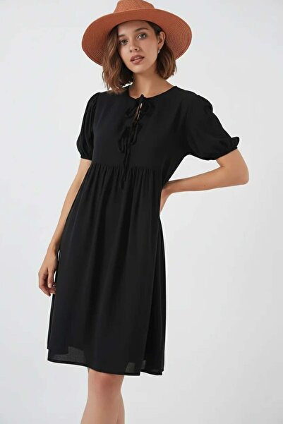 Generic Brand Women's Gathered Waist Short Sleeve Viscose Black Dress