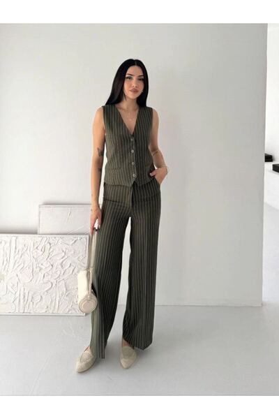 VELİZADE Striped V-Neck Sleeveless Tencel Fabric Buttoned Slim Fit Vest Palaz...