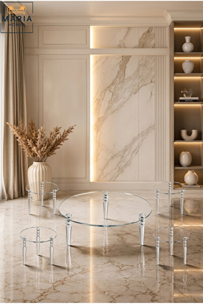 Maria Home طقم طاولة مركزية دائرية من الأكريليك - تصميم شفاف من طبقتين مع رف ...
