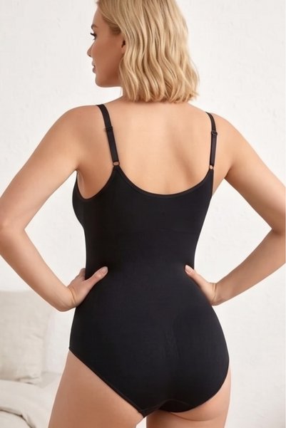 Mindy Alt Bölgesi Snap-On Black Gathering Bodysuit Corset, Adjustable Strap Corset