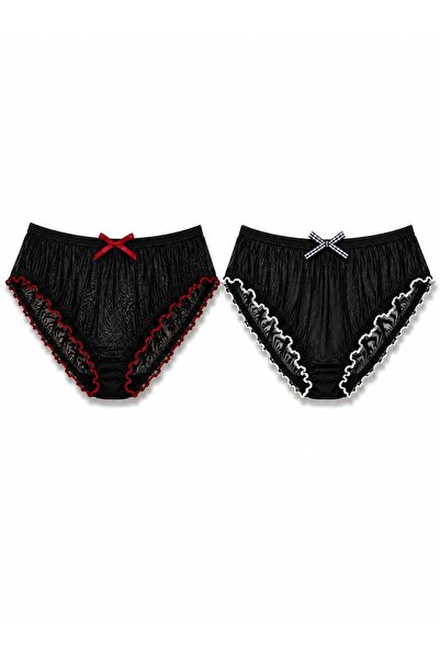 GOB Büyük Beden Transparent Tulle Black Ruffled Panties 2-Pack Red & White De...