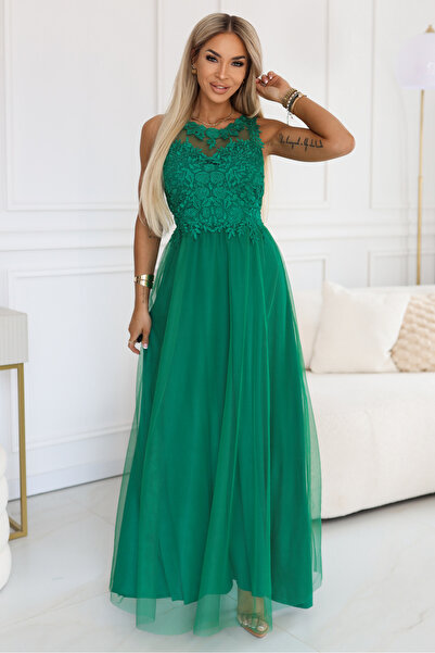 Numoco Rochie maxi romantică pentru nuntă cu dantelă brodată și tul - verde d...