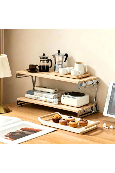 HT Home Organizers 双层可折叠桌面置物架木质托盘套装，厨房咖啡器具收纳整理架，办公室桌面收纳托盘