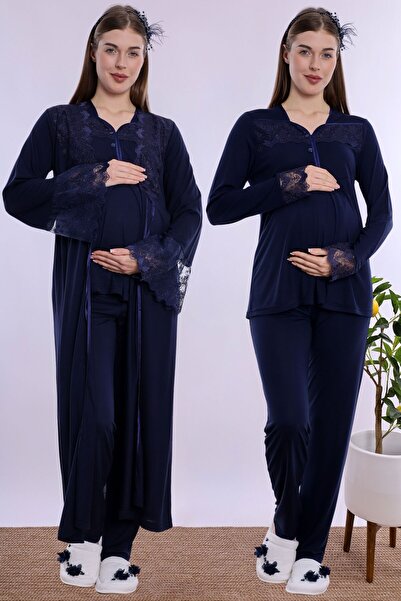 ByLohusa Cotton Long Robe Maternity Nursing Pajama Set Effortt - Navy Blue