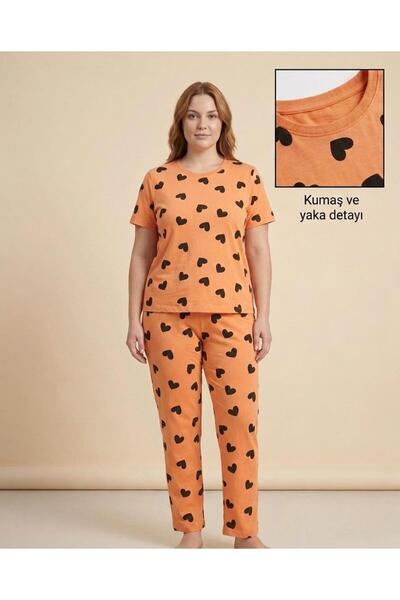FAMES PİJAMA Summer Short Sleeve Heart Crew Neck Orange Pajama Set