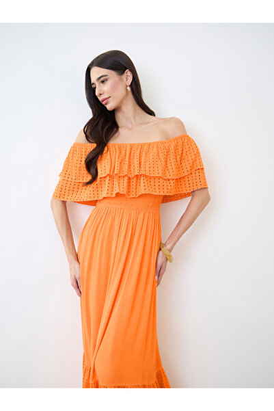 Styli Orange Cotton Schiffli Off-Shoulder Maxi Dress