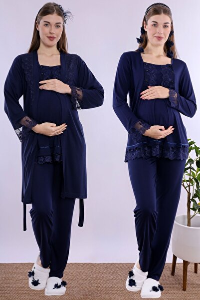 ByLohusa Comfortable Cut Maternity Pajama Set with Nursing Features and Robe ...