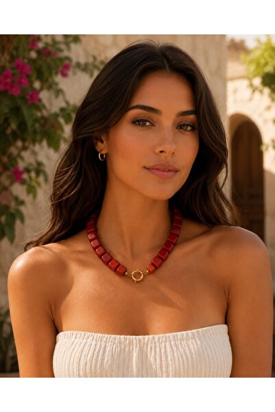 Kutcha Accessories Red Square Glass Beaded Women's Necklace – Handmade with G...