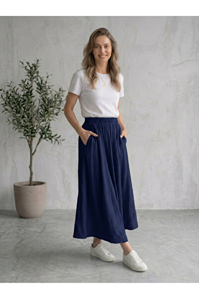 Banadamoda Women's Strawberry Fabric Wide-Cut Maxi Skirt with Pockets and Ela...