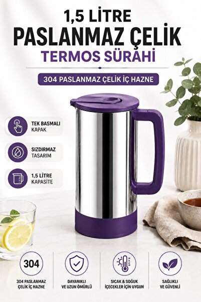 Sas Haus 1,5 Litre Paslanmaz Çelik Termos Sürahi | Tek Basmalı Kapak | Sızdır...