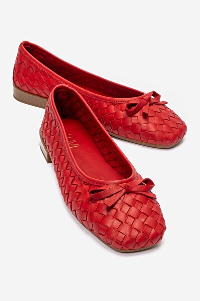 LuviShoes GAREN Kırmızı Örgü Hakiki Deri Fiyonklu Kadın Babet Ayakkabı
