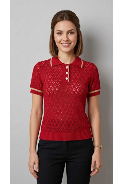 EGEMS Women's Short-Sleeved Summer Perforated Shiny Stylish Acrylic Shirt Col...