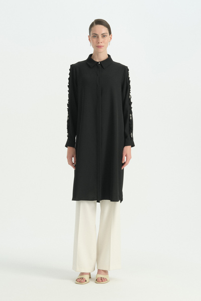 Nihan Plus Size Stylish Tunic with Sleeve Detail - Black