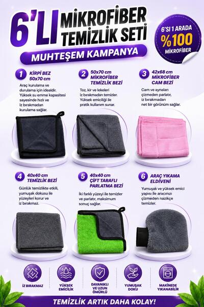 HR PAK 6'lı Muhteşem Mikrofiber Oto Yıkama Temizleme Araç Kurulama Bez , Eldi...