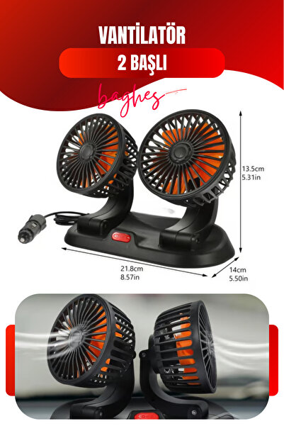 Baghes Çift Başlı Araç İçi Vantilatör 12V Çakmak Girişli Ayarlanabilir Oto Fan