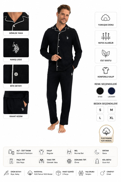 U.S. Polo Assn. - Men's Black Full-Length Pajama Set