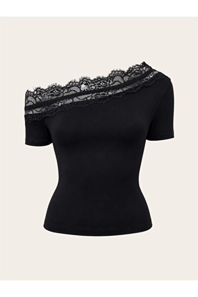 EVOA Bluză elegantă de damă, cu un singur umăr, cu detalii din dantelă